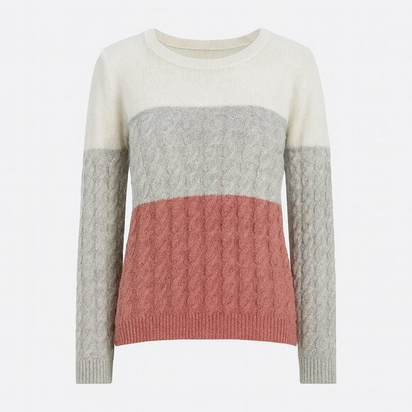 Twine & String Colorblock Cable Knit Cozy Pullover Sweater Cream Gray Pink XL - Picture 1 of 11